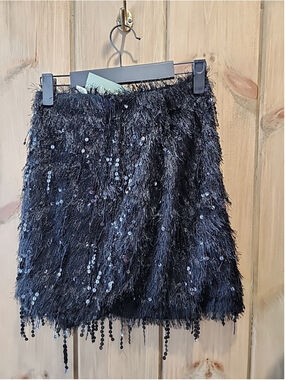 H&M Black Sequin Embellished Fringe Trim Pull On Mini Skirt Women's XS